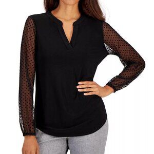 🌟 Kasper Women's Sheer-Sleeve Split-Neck Knit Top – Black – Size XL – NWT 🌟